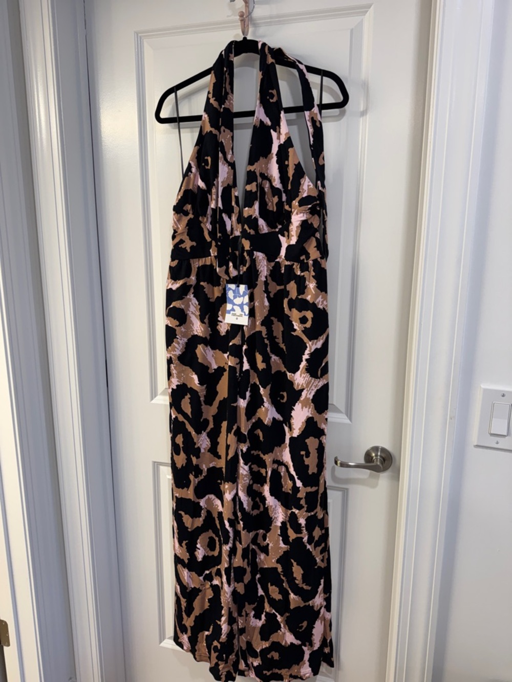 Diane Von Furstenberg Black, Pink and Brown Leopard Halter Jumpsuit